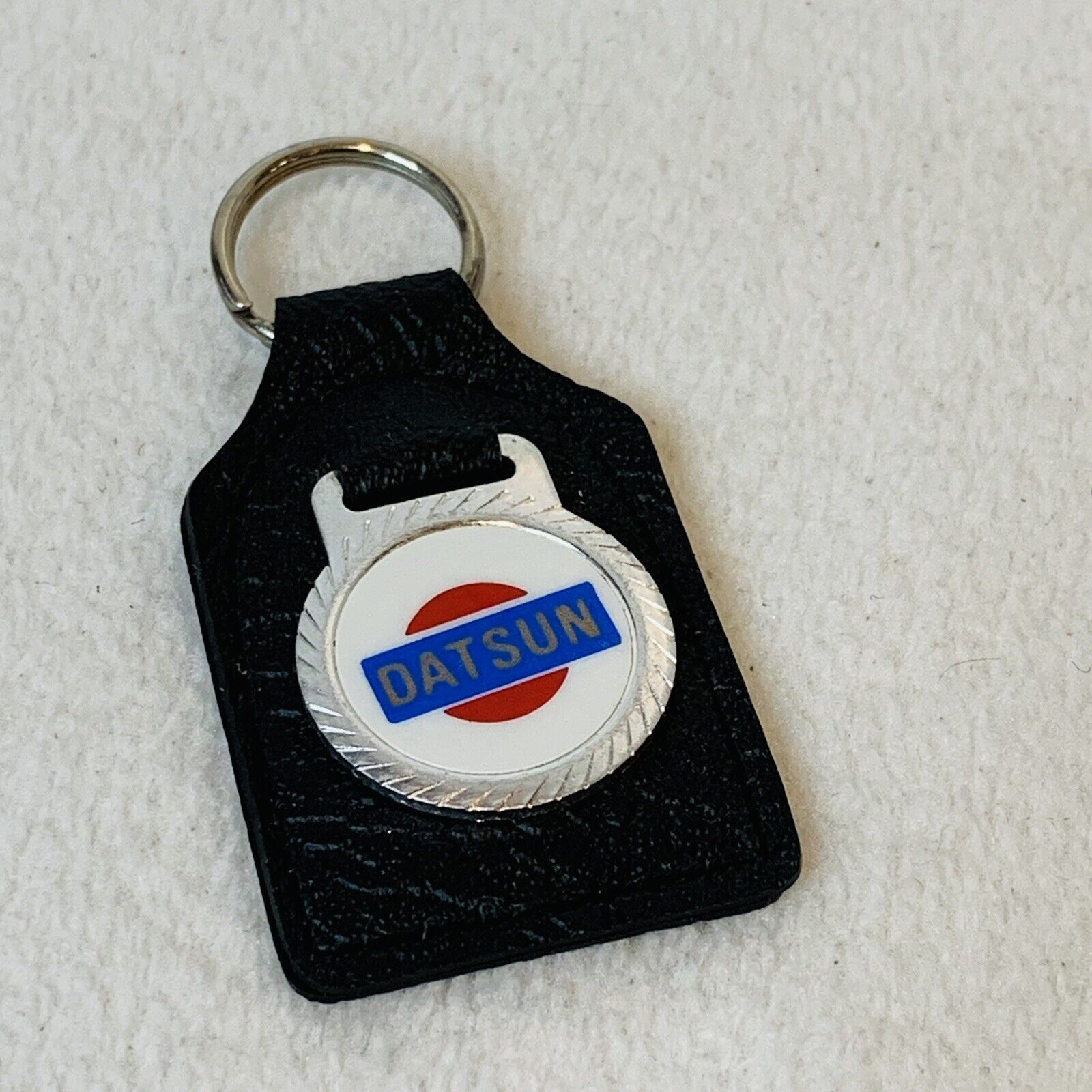 Vintage 80s Datsun Leather Keychain Key Ring FOB Logo Emblem