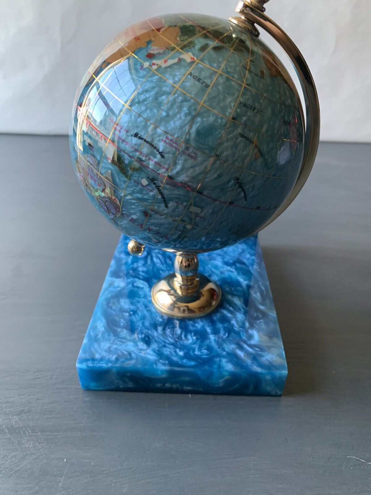 modern aqua blue Pearlized lucite semiprecious stone revolving world globe