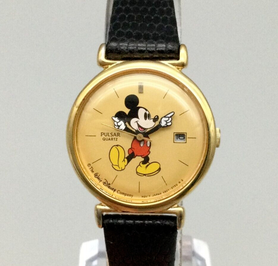 Vintage  Pulsar Watch Women Mickey Mouse 27mm Gold Tone Date New Battery