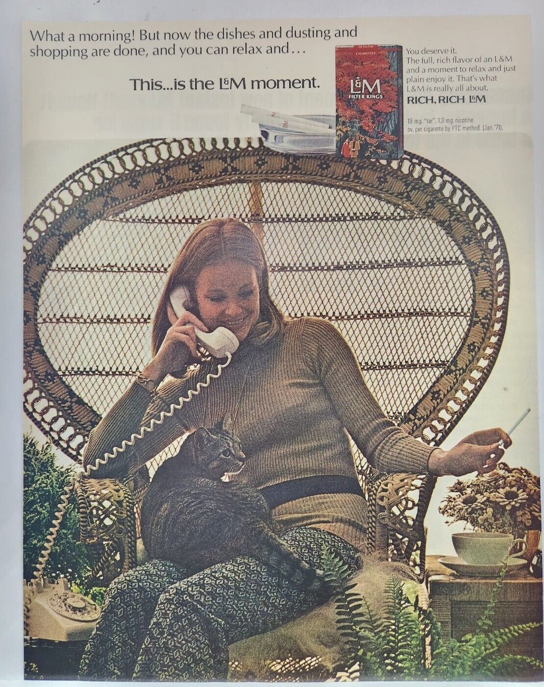 1971 L&M Cigarettes Sexy Girl On Phone W/Cat Retro Vtg Print Ad Poster Art 70's
