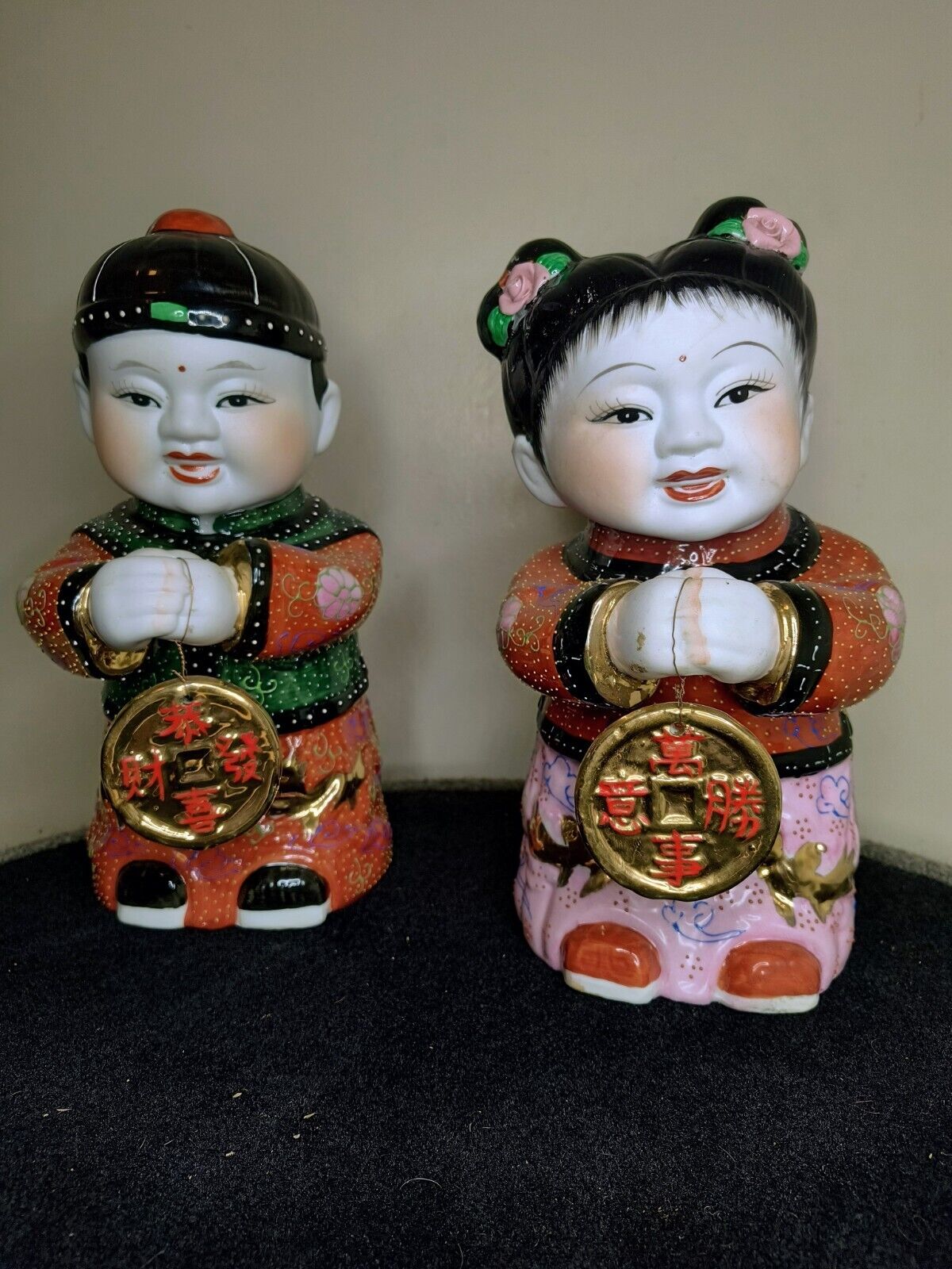 RARE Vtg Golden Boy and Jade Girl Chinese porcelain Lucky Children w/ Gold Coins