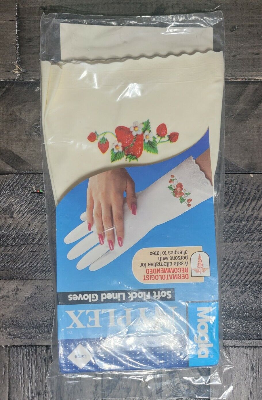 Vintage Magla Nyplex Soft Flock Lined Rubber Gloves Strawberries NOS Large