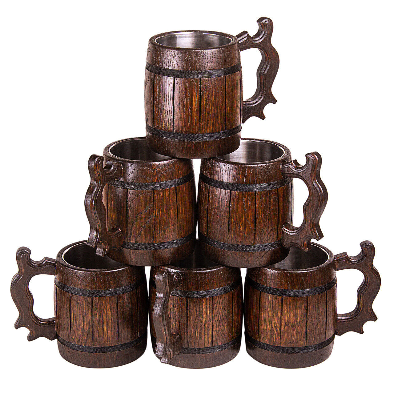 Set 6 Handmade Wooden German Beer Mug Barrel Juice Cup Travel Oak Tinted 0.65L