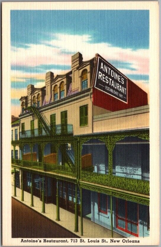 Vintage NEW ORLEANS, LA Postcard ANTOINE'S RESTAURANT Street View Linen c1940s