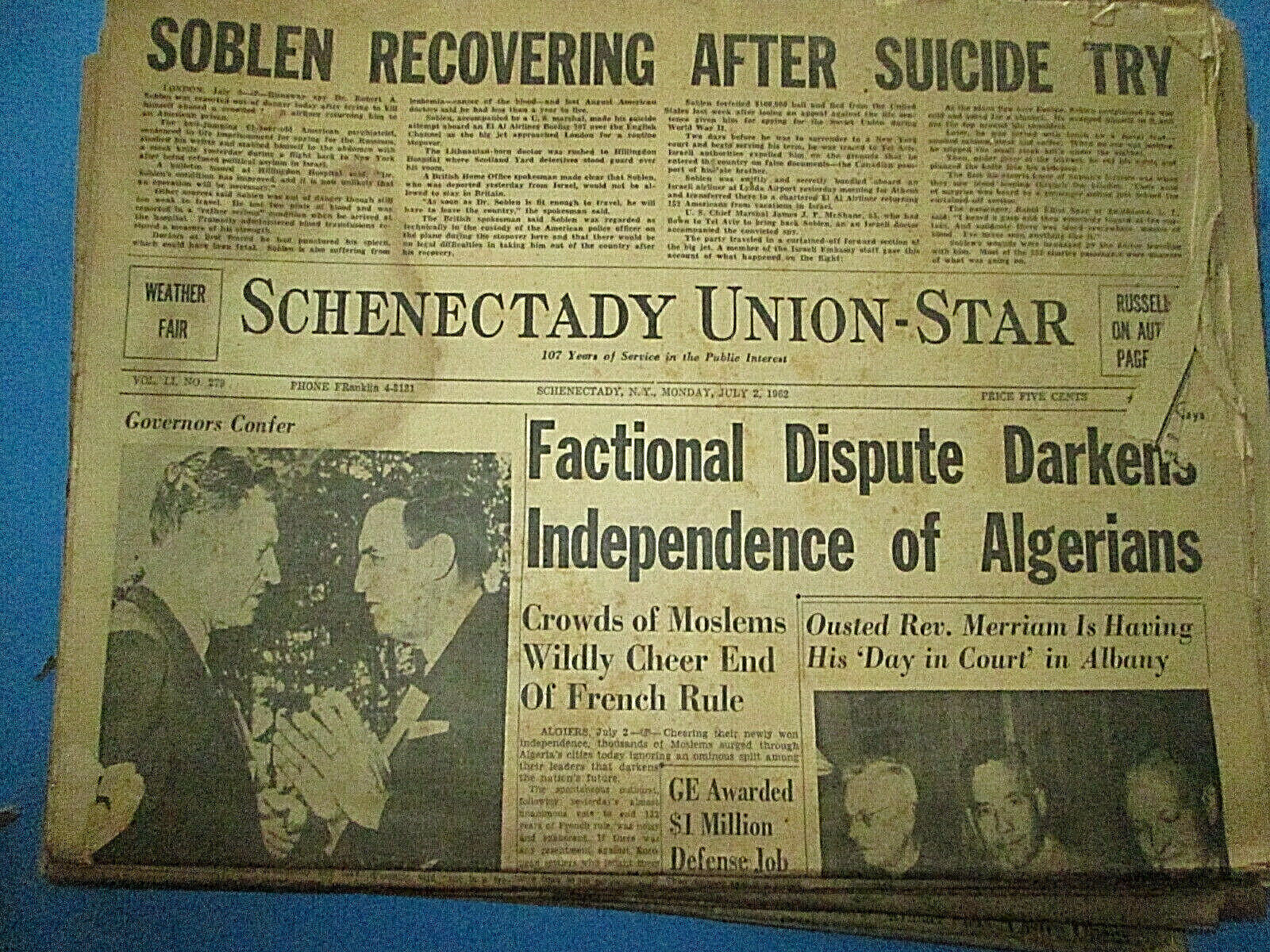 SCHENECTADY UNION STAR July 2 1962 Algiers End Of French Rule NY newspaper