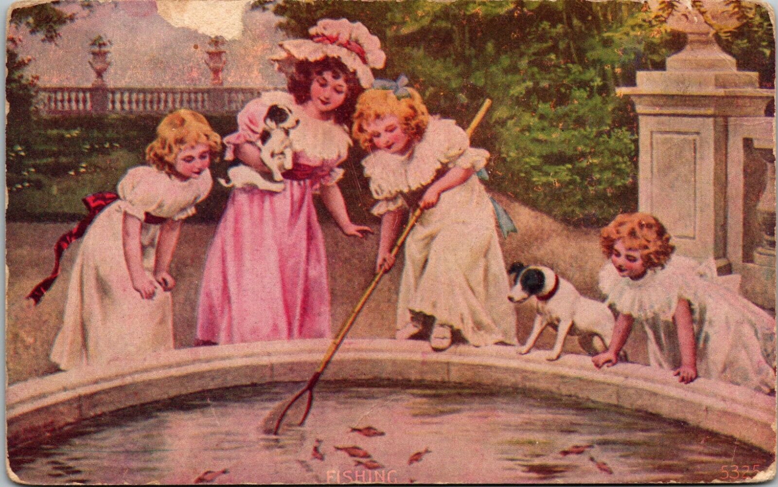  EARLY 1900\'S POSTCARD, GIRLS WITH PUPPIES FISHING WITH NET IN FOUNTAIN