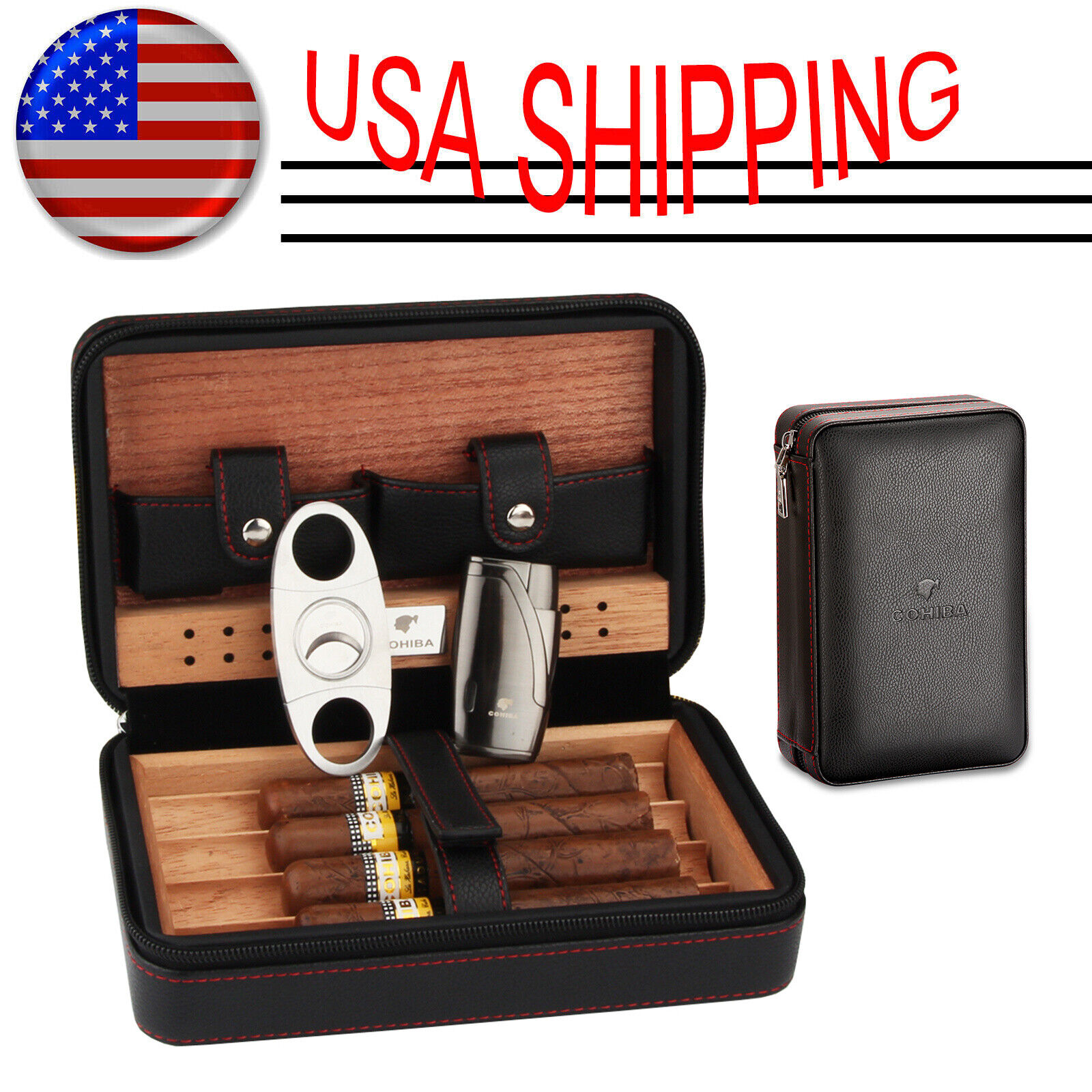 Black Travel Cedar Leather Cigar Humidor Case Box Torch Lighter Cutter Gift Set