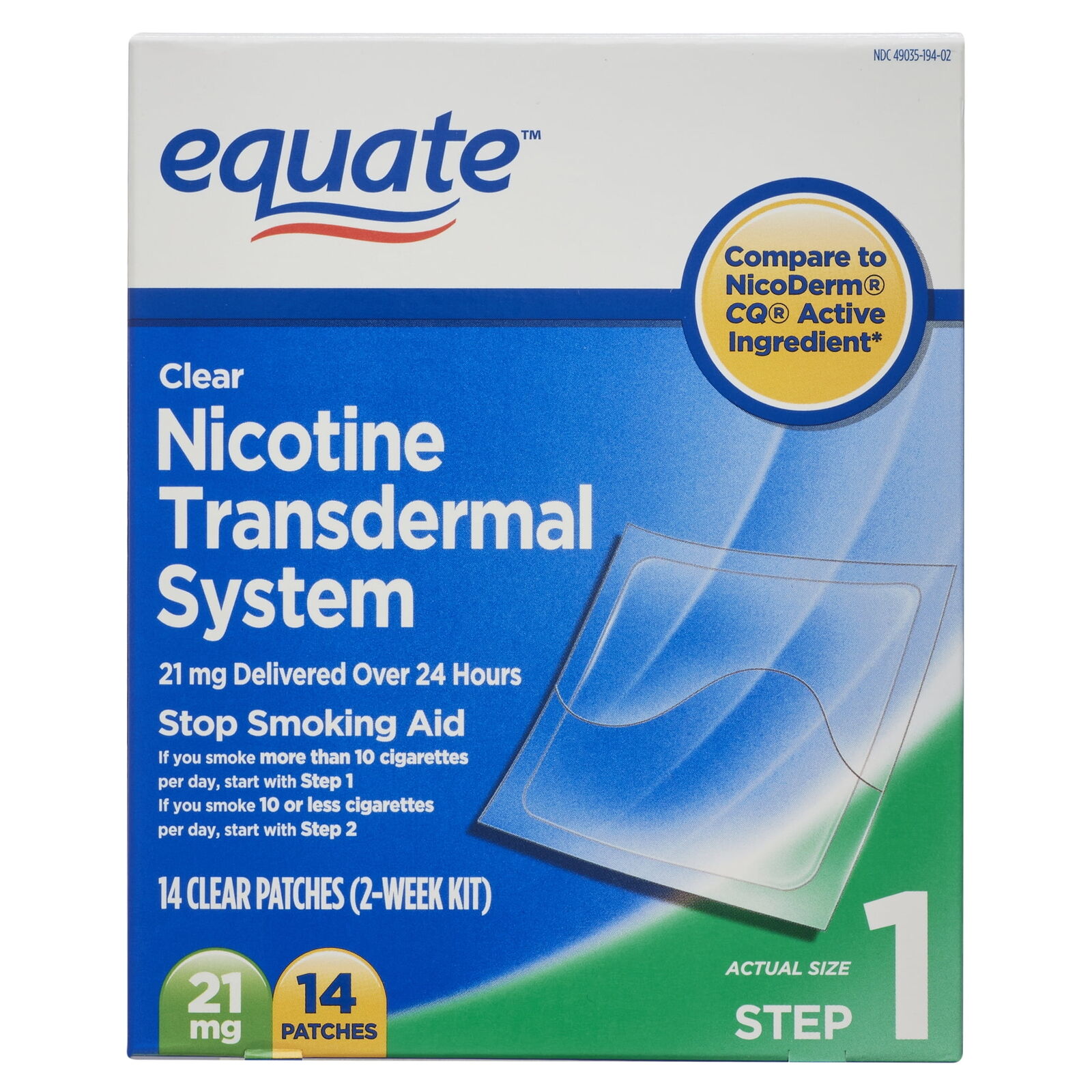 Equate Nicotine Transdermal System Step 1 Clear Patches, 21 mg, 14 Ct