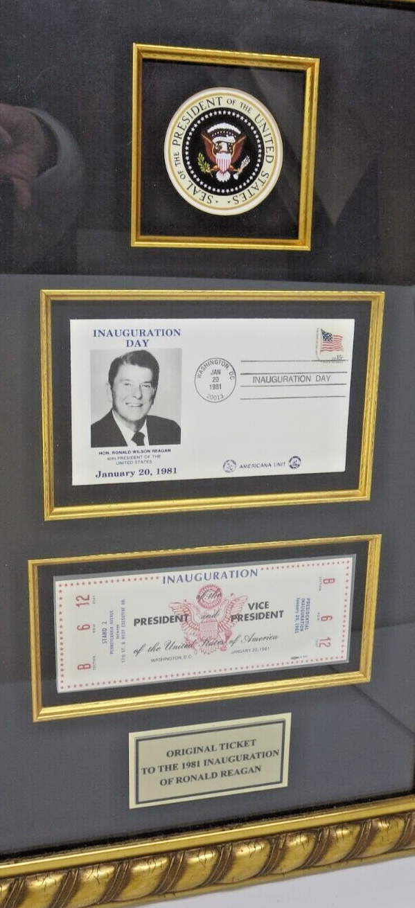 1981 President Ronald Reagan Inauguration Ticket Framed W/ First Day Issue Mail.
