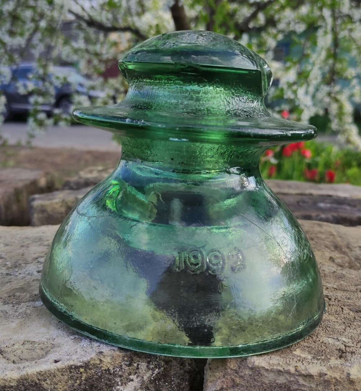 Vintage Glass INSULATOR *ShS 10D* Antique Green 1992 H -5.70