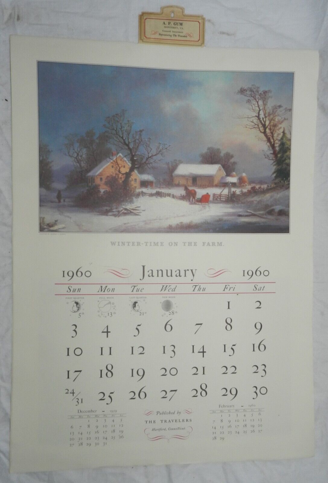 Vintage 1960 Traveler's Insurance Co. Currier & Ives Advertising Calendar