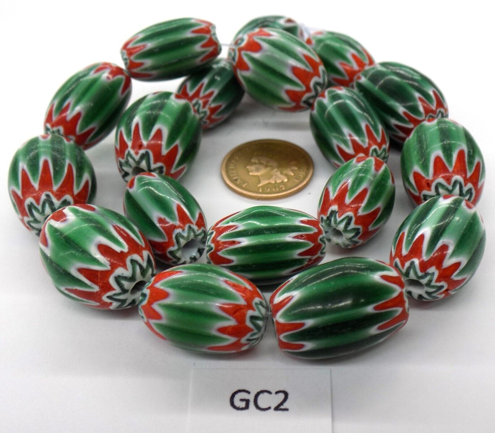 Strand of Large Green Watermelon Chevron African Trade Beads Bin W10 GC2
