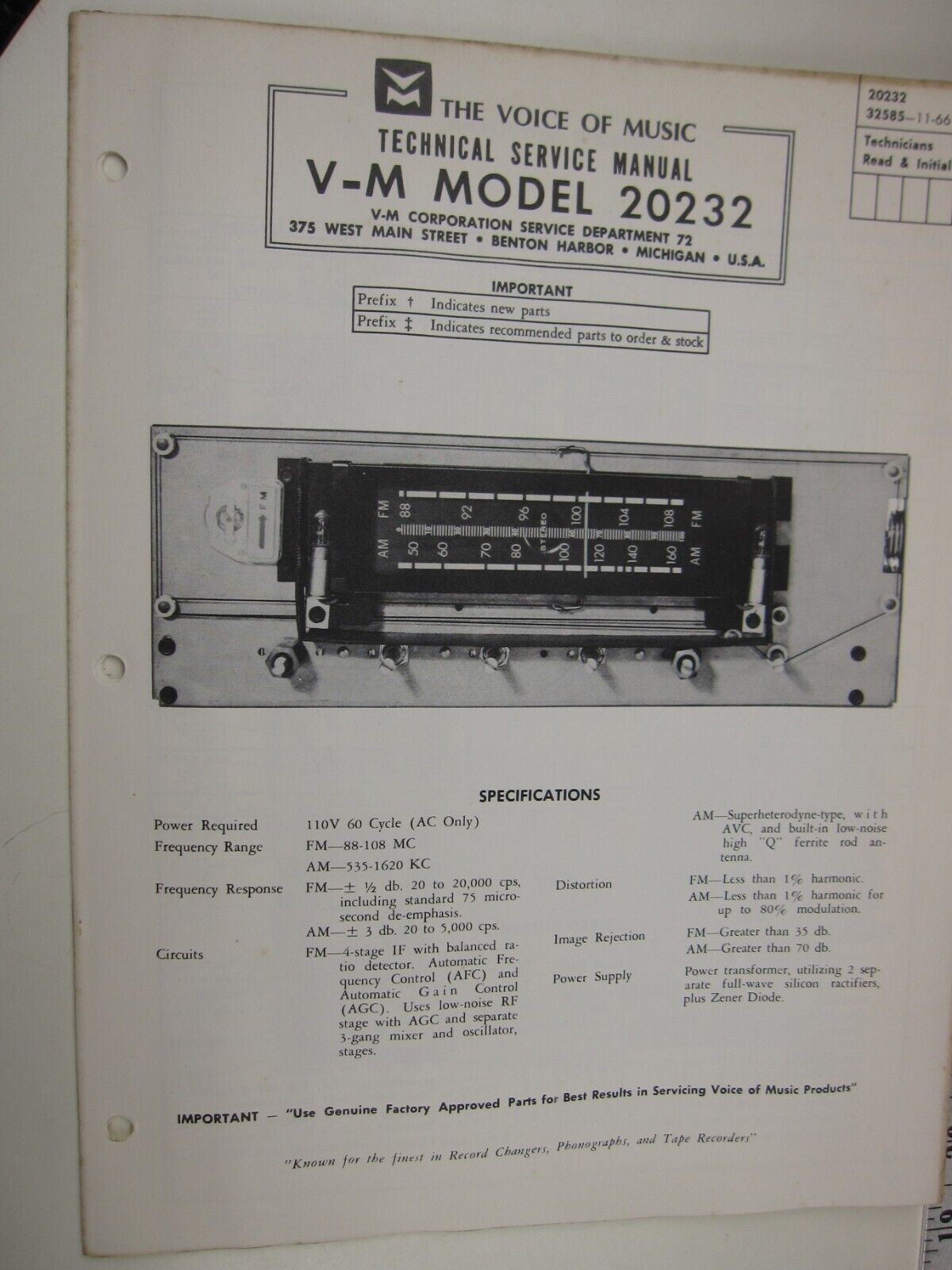 SF V-M Voice of Music Technical Service Manual MODEL 20232  BIS
