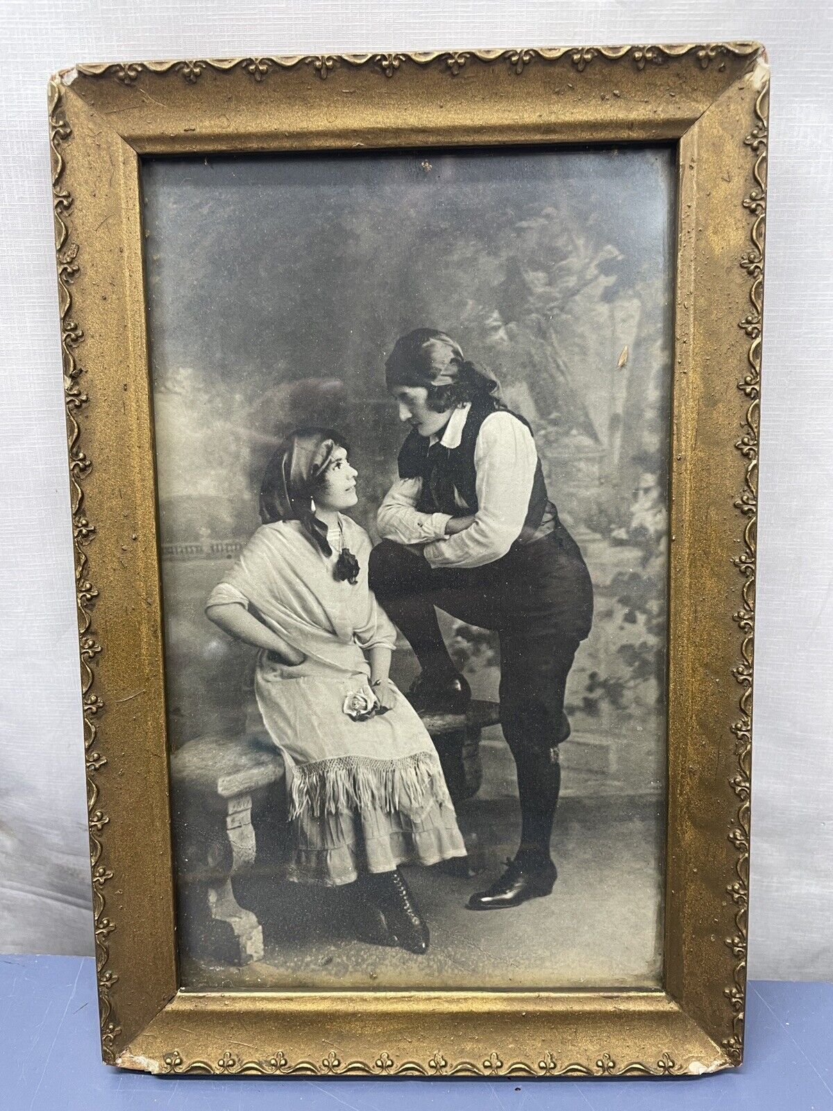 Antique 1913 Tin Type Photograph Romantic Man And Woman In Park Signed On Back