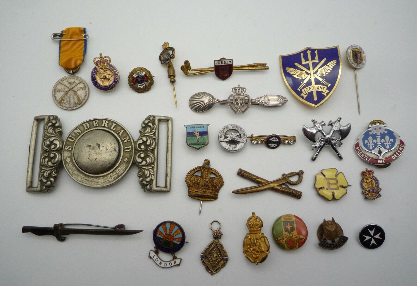 Collection of 25 x Badges Medals Belt Buckle Spoon Etc