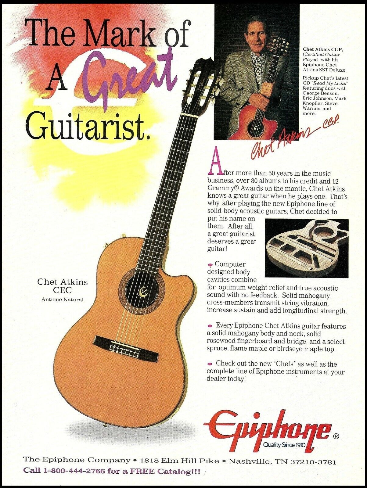 1994 Chet Atkins CEC Epiphone acoustic guitar advertisement 8 x 11 ad print