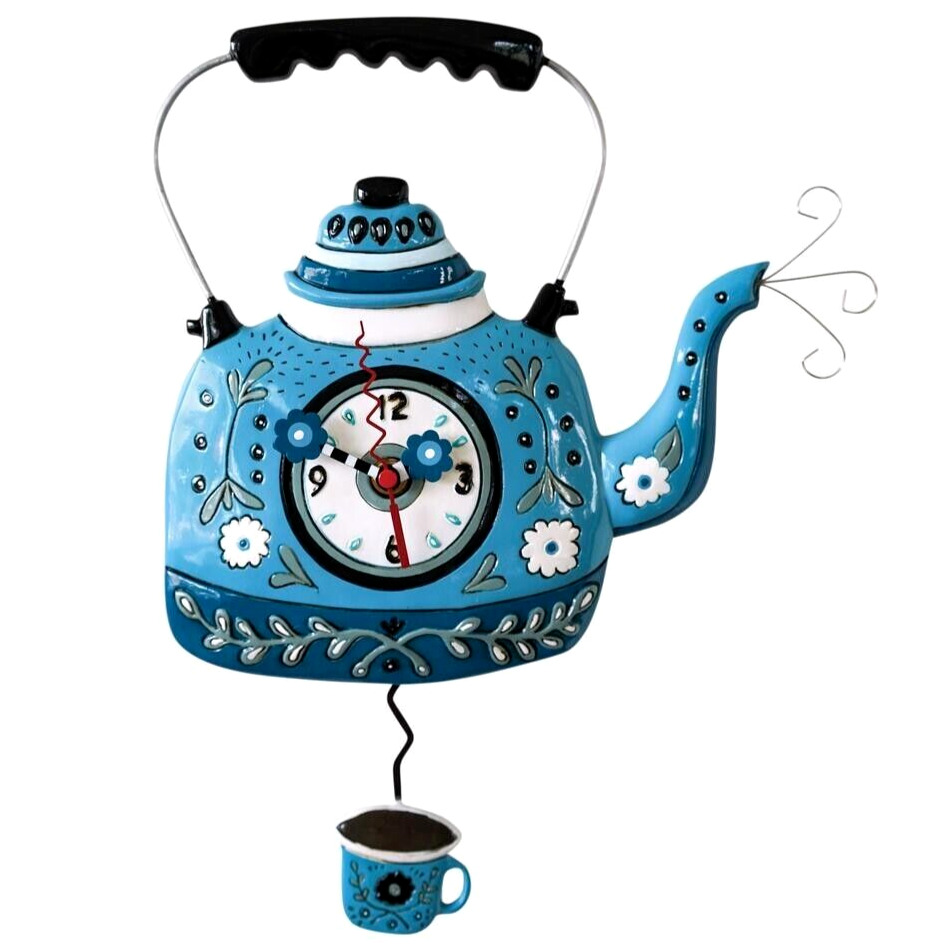 ✿ New ALLEN DESIGNS Swing Pendulum Wall Clock BLUE KETTLE Tea Coffee Cup Floral