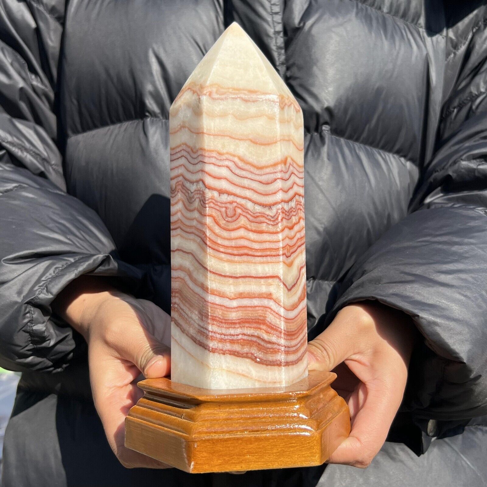 1930g Natural Rhodochrosite Tower Obelisk Point Crystal Mineral Healing+Stand
