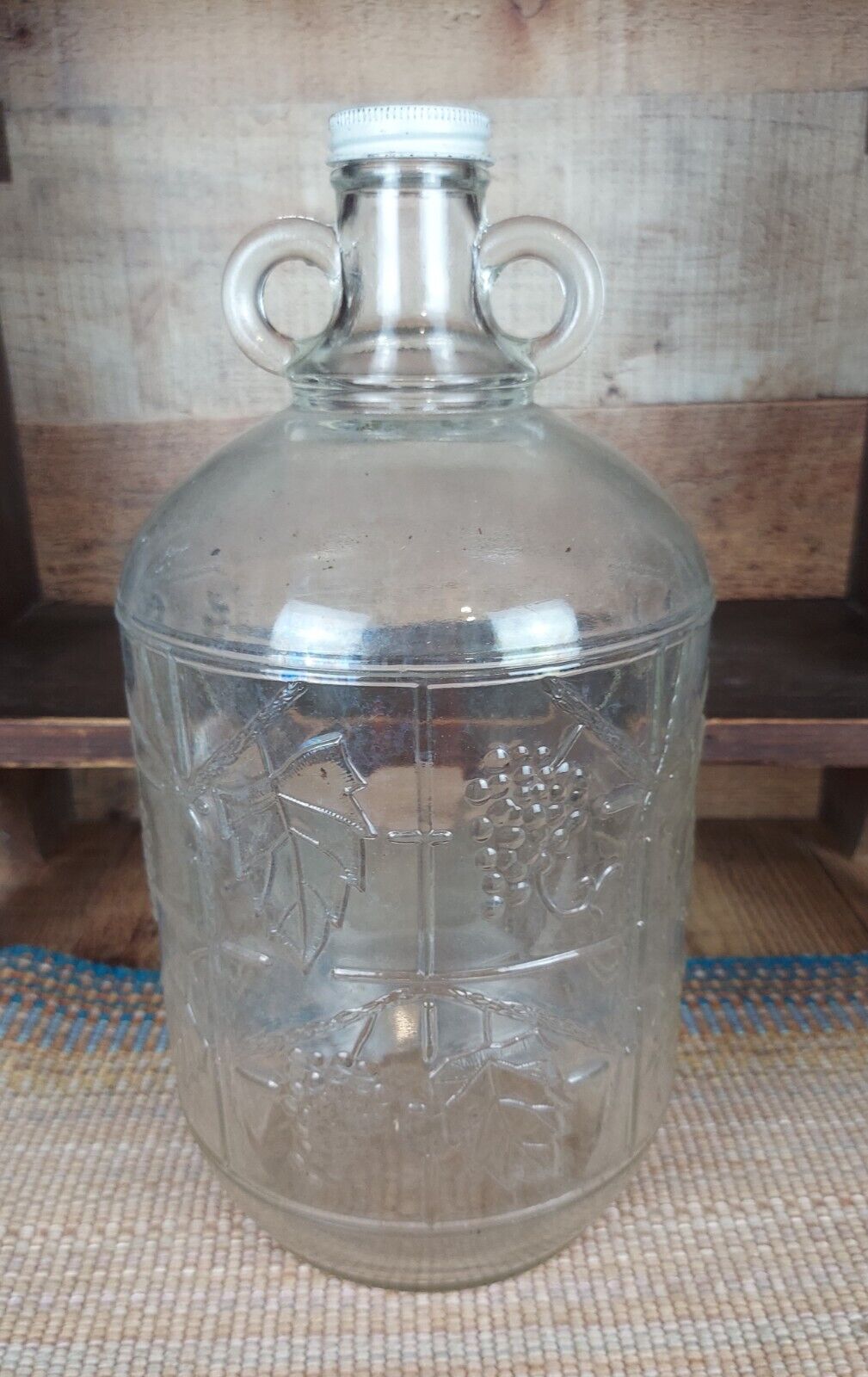 Vintage Clear Glass Gallon Wine Jug Embossed Grapes & Leaves Double Handle