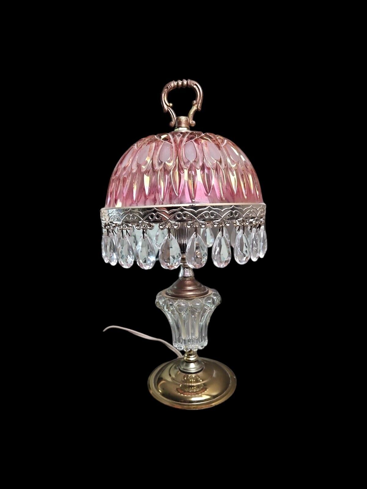 Vintage Michelotti ? Crystal Pink Boudoir Parlor Lamp~Hanging Glass Prisms 