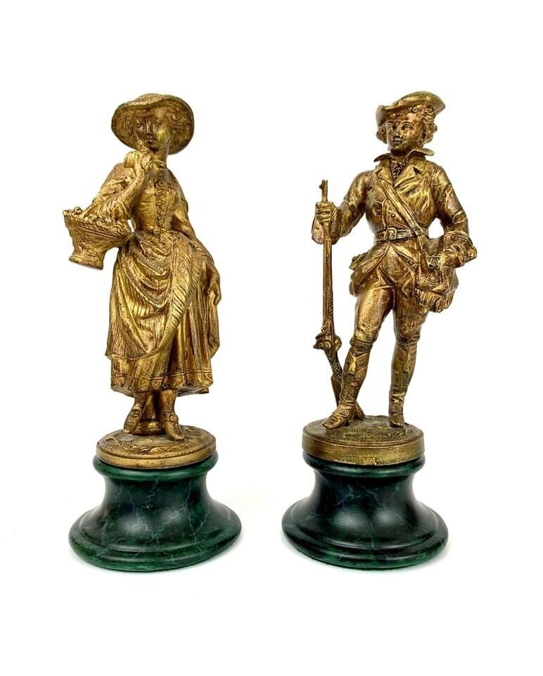 Couple Lover Figurine Pair Faux Marble and Brass Statue Vintage Decor
