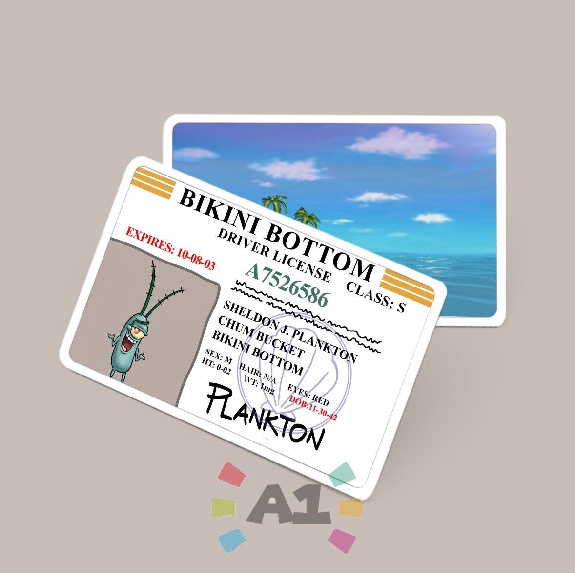 SpongeBob - Plankton Driver License Printed PVC Custom Card Fun Gag Gift