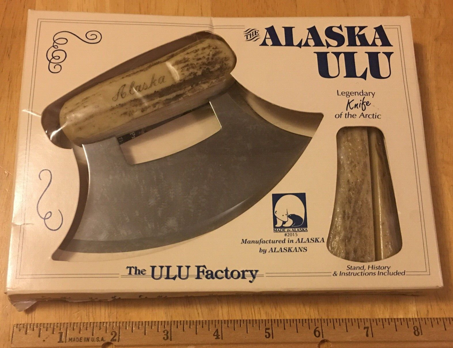 Vintage 1993 Alaska Ulu Knife-The Ulu Factory-Alaskan-w/Stand NIB-Faux Antler