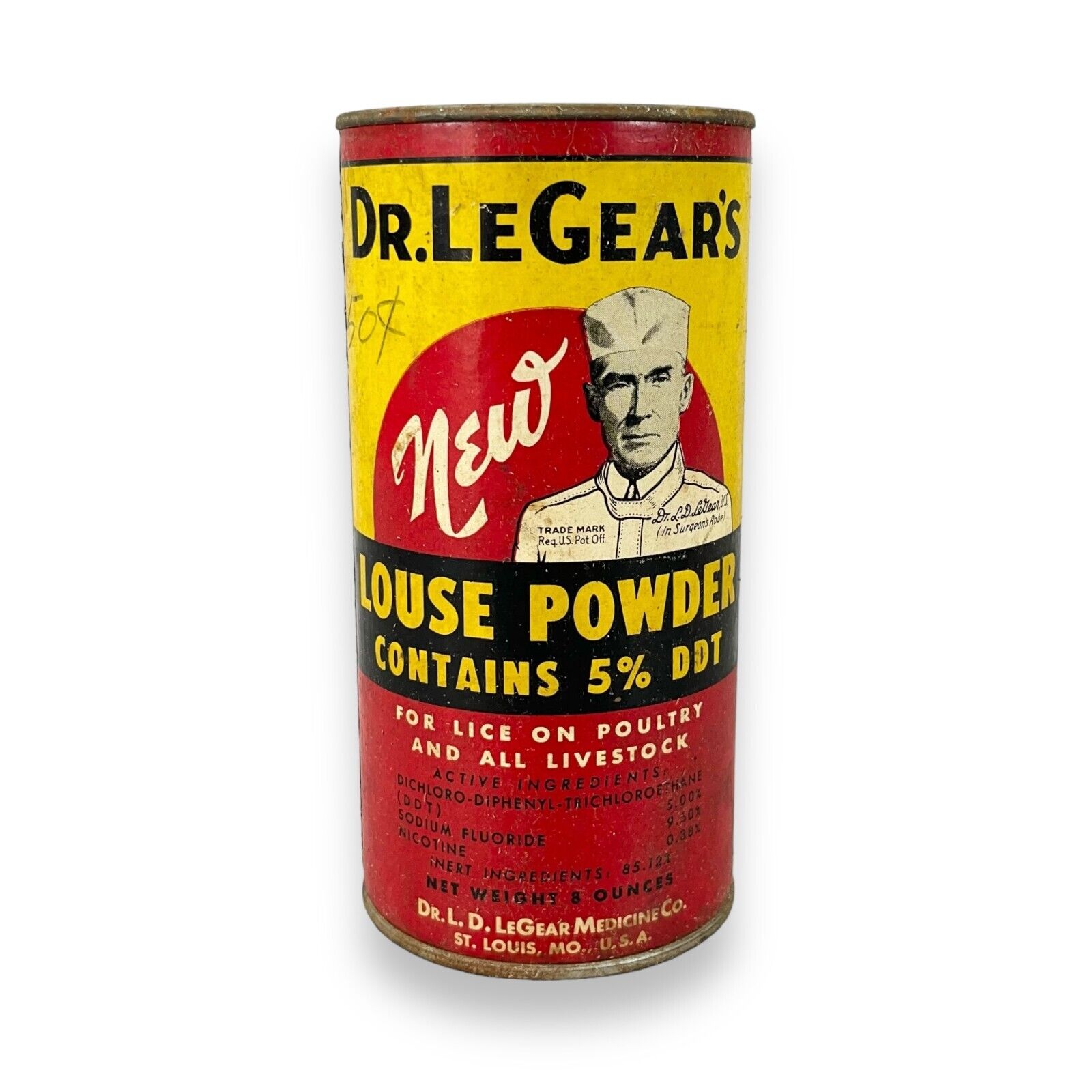 Vintage Advertising Can Dr. LeGear\'s Louse Powder Sealed 1940s Farm Decor