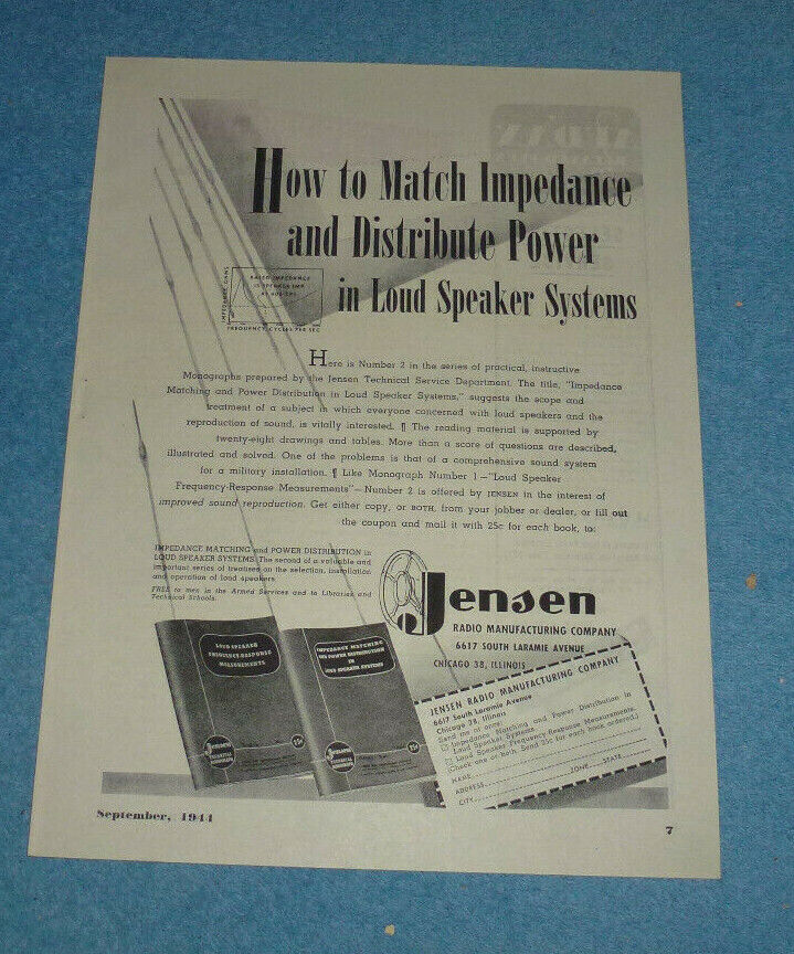 Antique 1944 Ad Jensen Radio Manufacturing Impedance Power Loud Speakers
