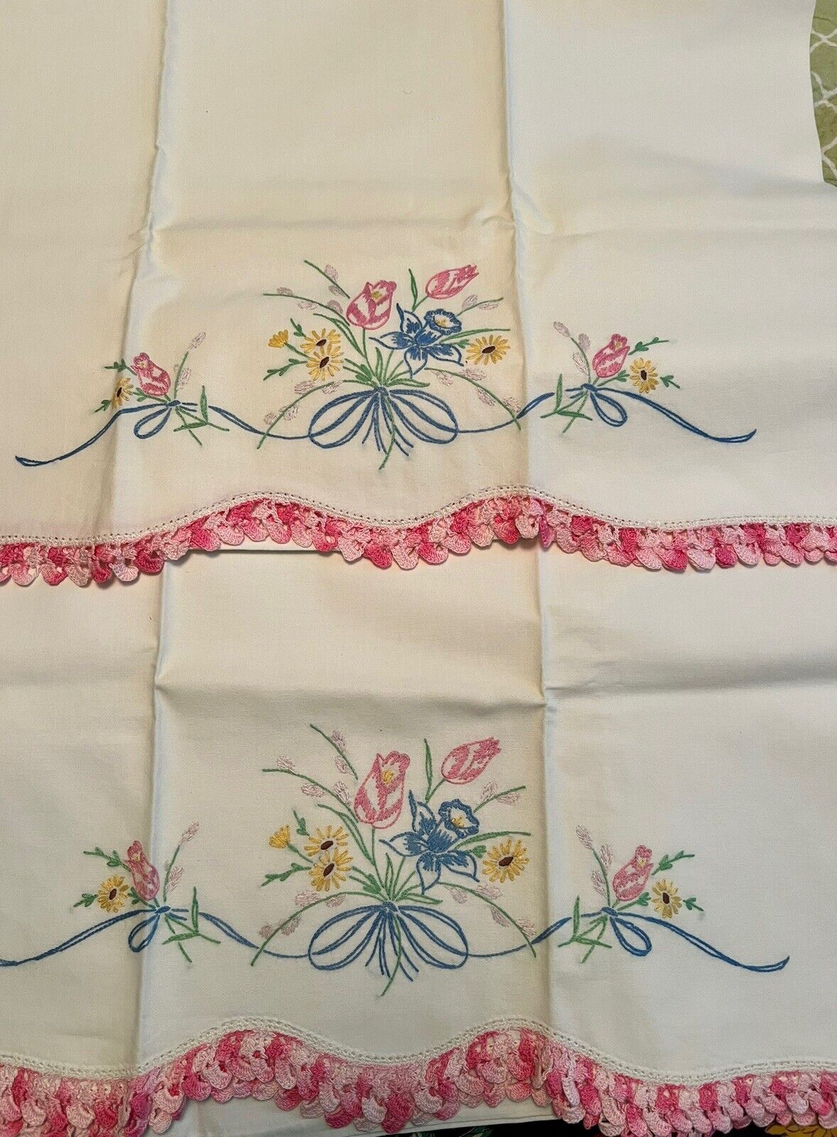 Pair Of Vintage Unused Embroidered Pillowcases
