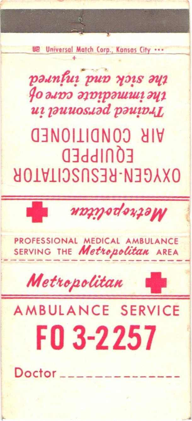 Metropolitan Ambulance Service Oxygen-Resuscitator Vintage Matchbook Cover
