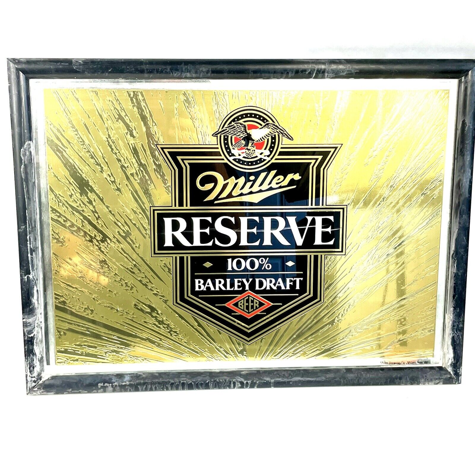 Vintage Miller Beer Mirror Sign Framed Reserve 100% Barley Draft  24 X 17”