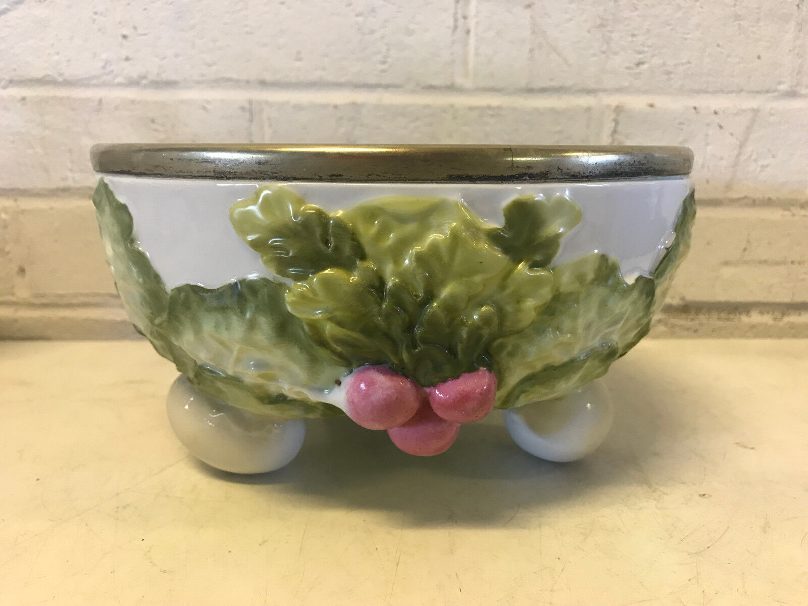Antique Unusual Parian Porcelain Salad Bowl Cabbage Leaf Turnip Dec. on Egg Feet