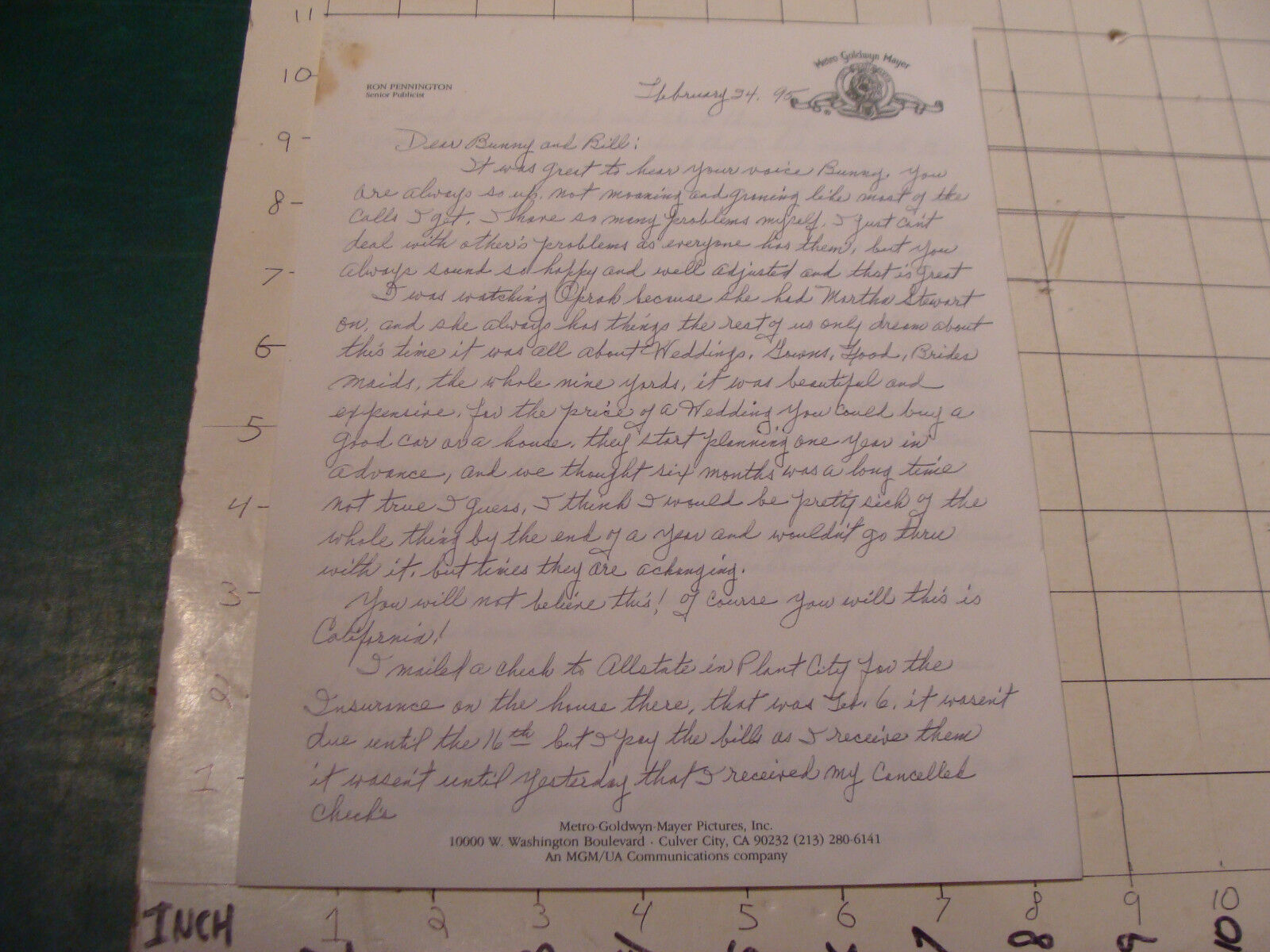 Letter original, 1995 on MGM stationary, 3 page
