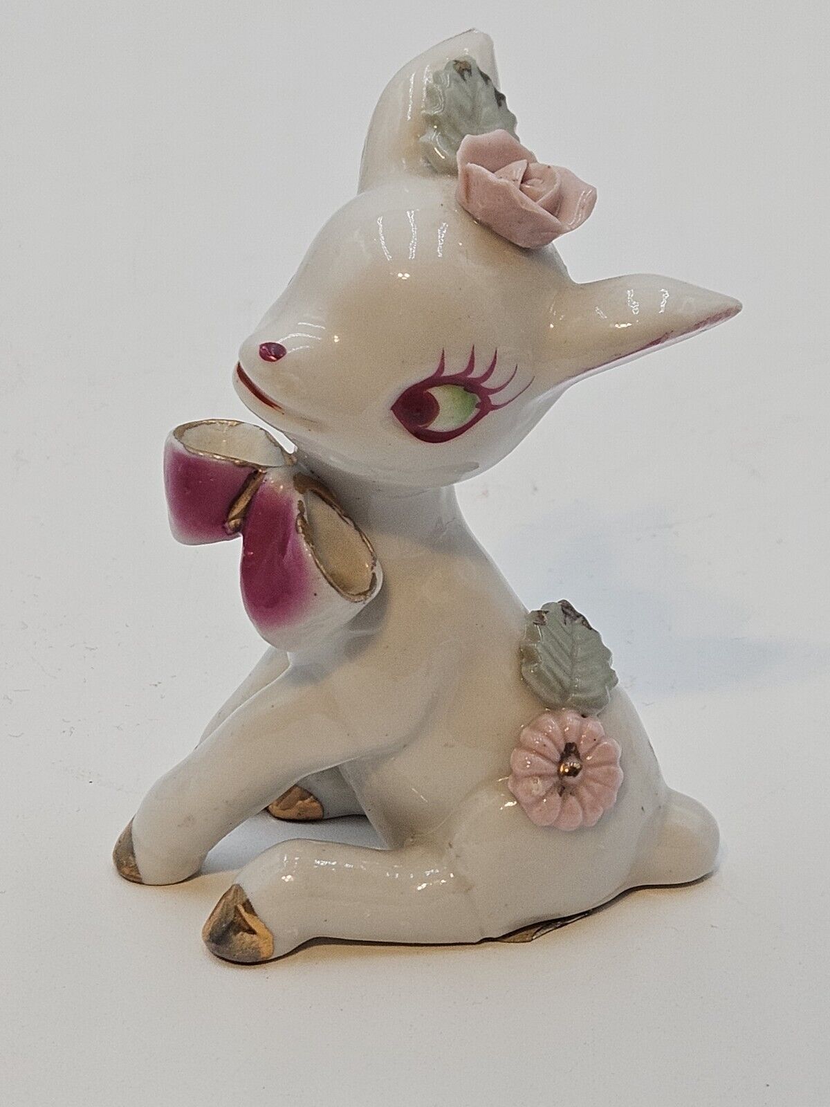 Vintage Wales White  Porcelain Japan Deer With Bow And Big Eyes Leaves Flowers 