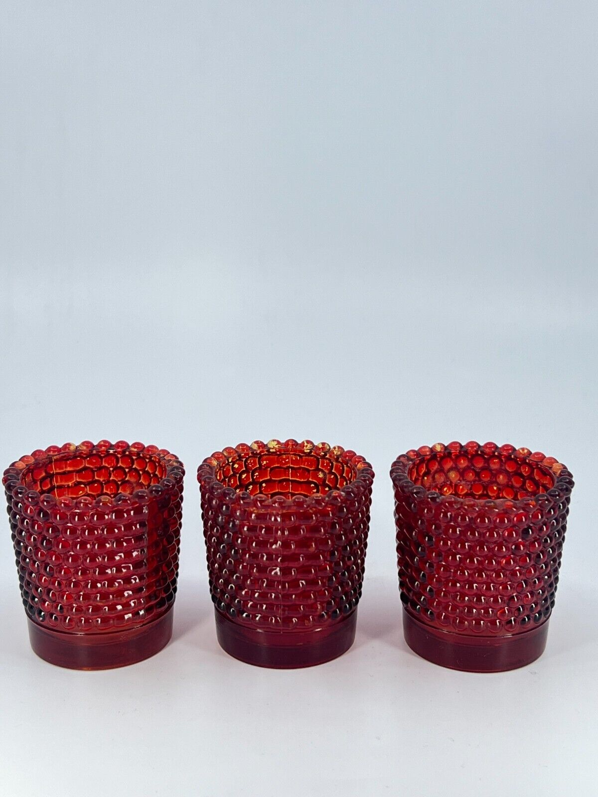 3 Ruby Red Votive Candleholders Glass Bubble Burpee Hobnail 2.5\