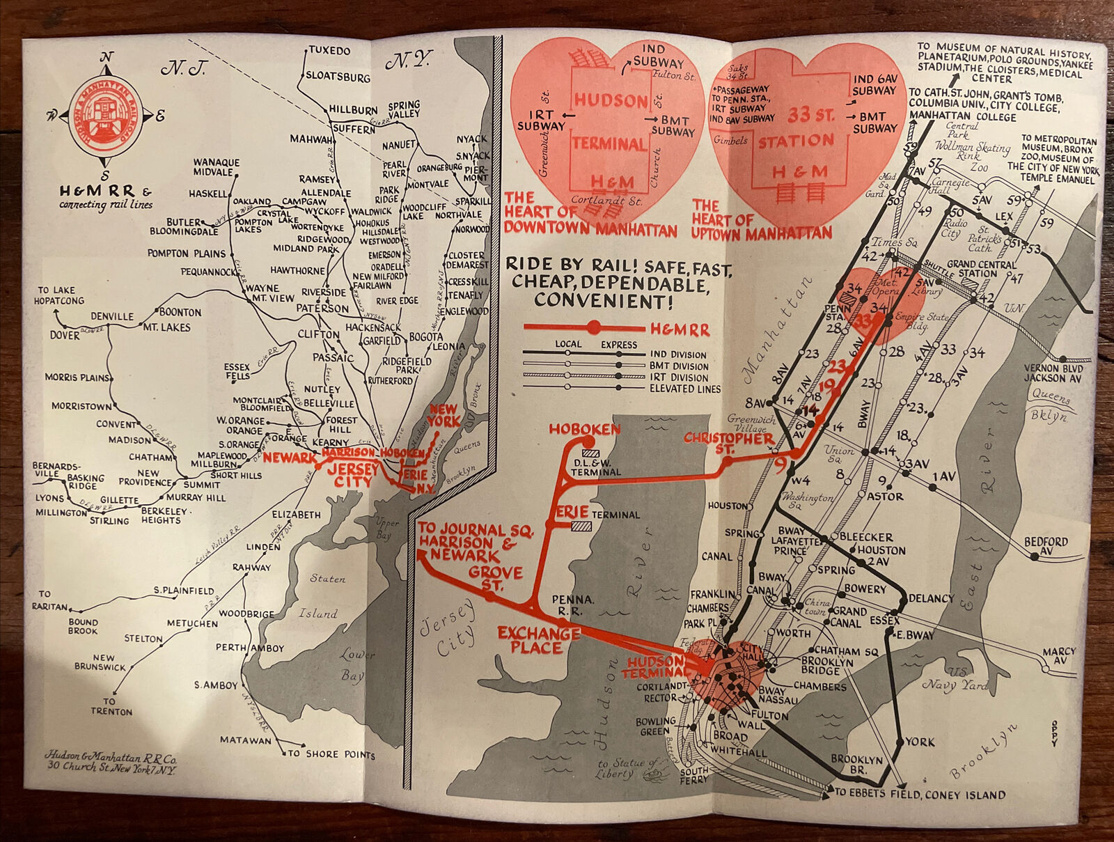 RARE 1952 H&M RR MANHATTAN RAILROAD NYC Subway Map & NYC SPORTS SCHEDULE - VTG