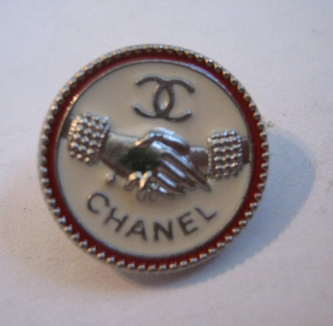 One Extra CC Chanel Handshake 16mm Button, Red Enamel Border, w/ Bag & Swatch