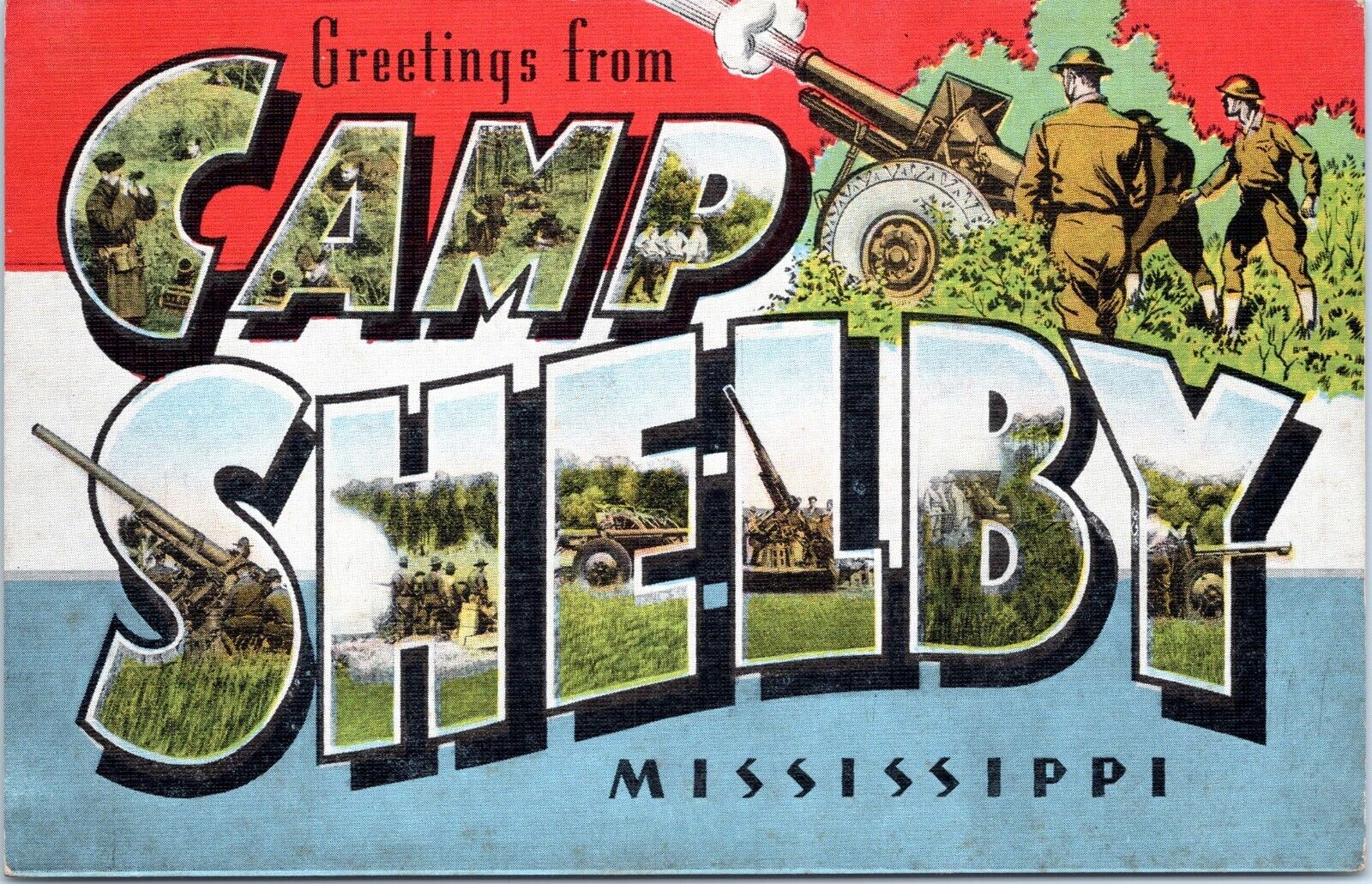 Large Letter Greetings From Camp Shelby, Mississippi - Vintage Linen Postcard