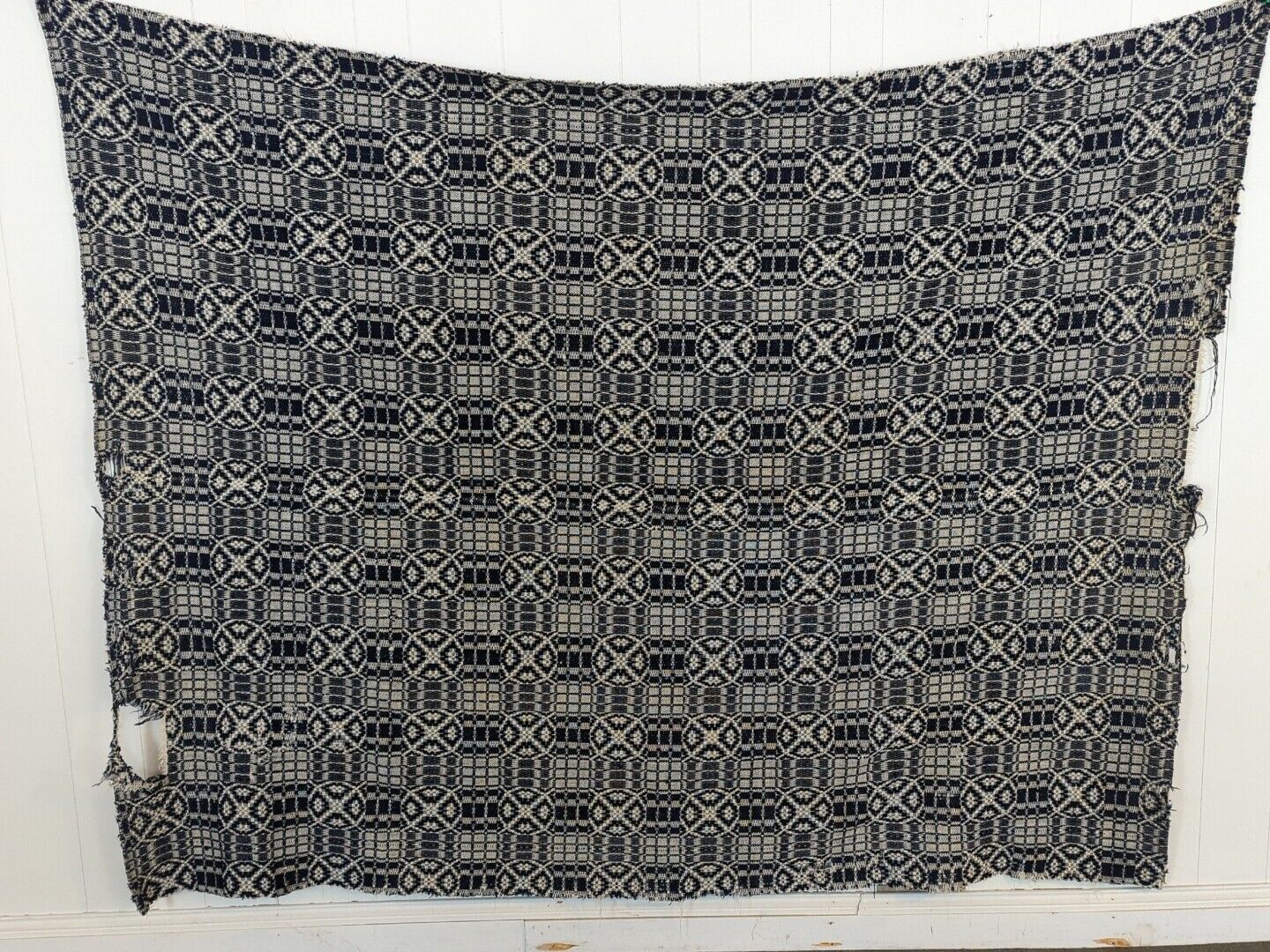 Antique Early American Colonial Hand Woven Coverlet Indigo & White 