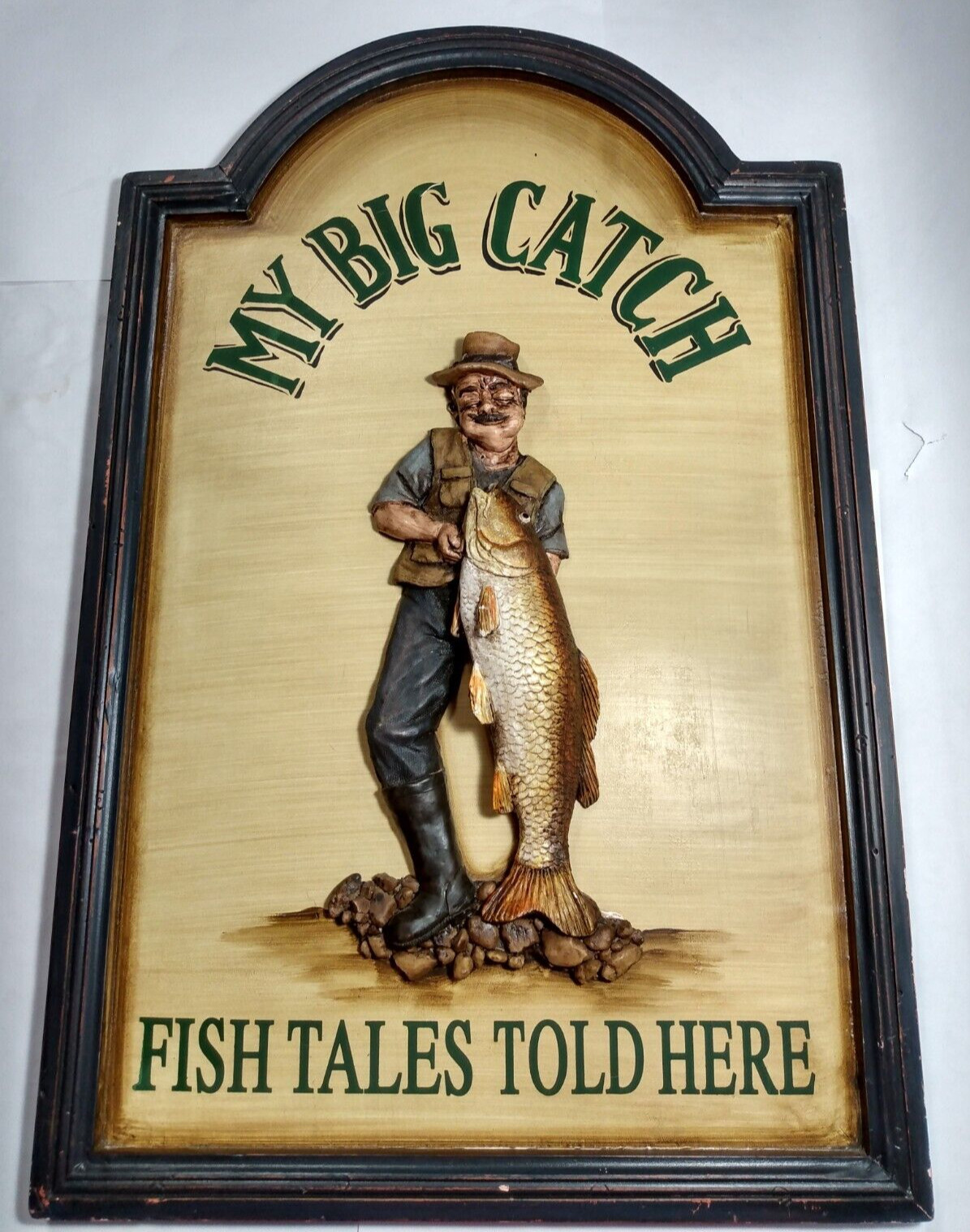 Vintage 3D MY BIG CATCH FISH TALES TOLD HERE Painted Wood Sign 27 x 17\