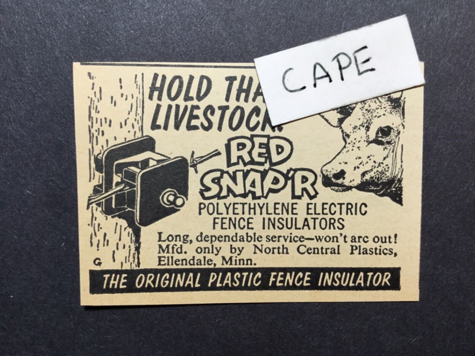 1965 Ad. Red Snap’r electric fence insulator. North Central Plastics. Ellendale.