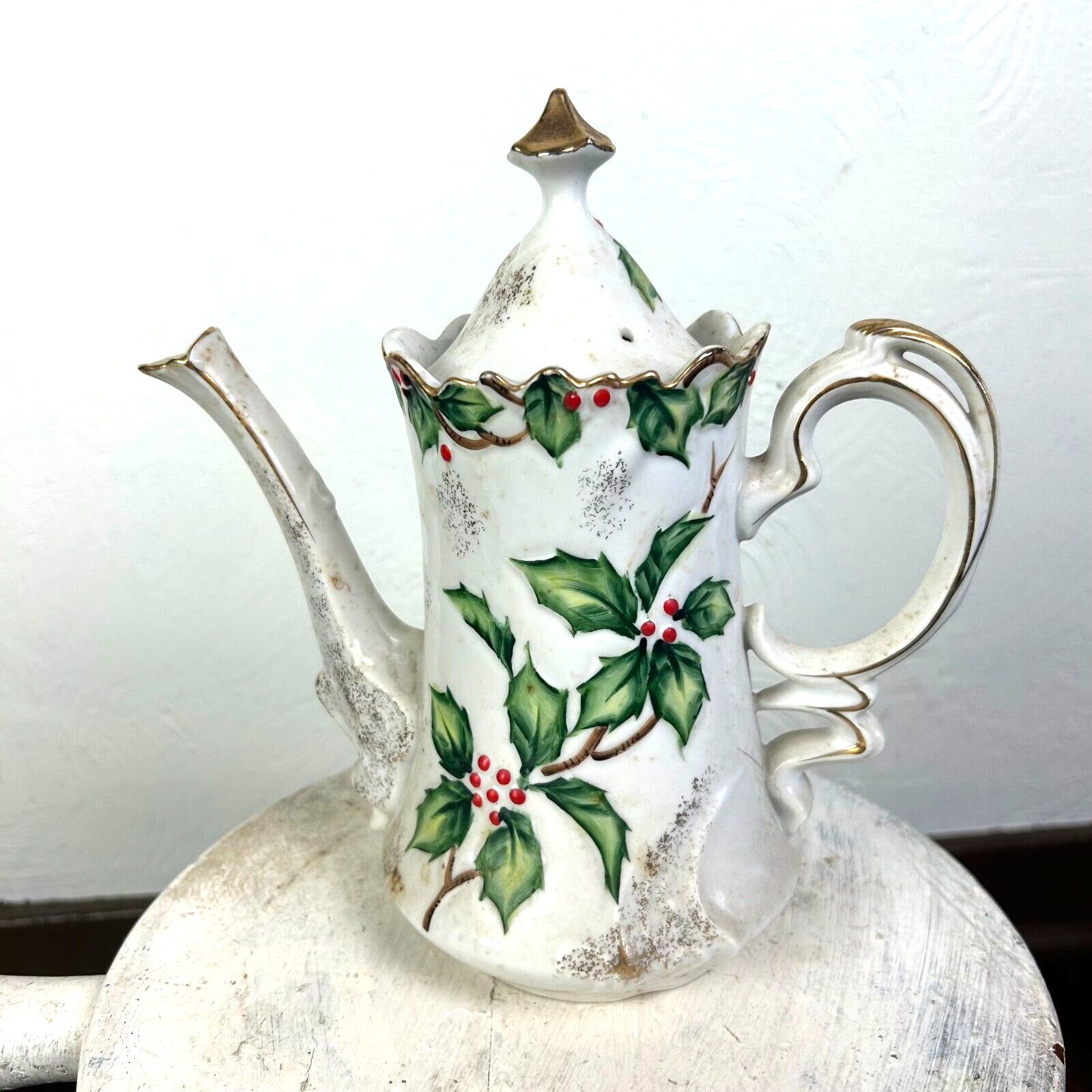 Vintage Lefton China Hand Painted Holly Teapot Tall w Lid & Handle White Green