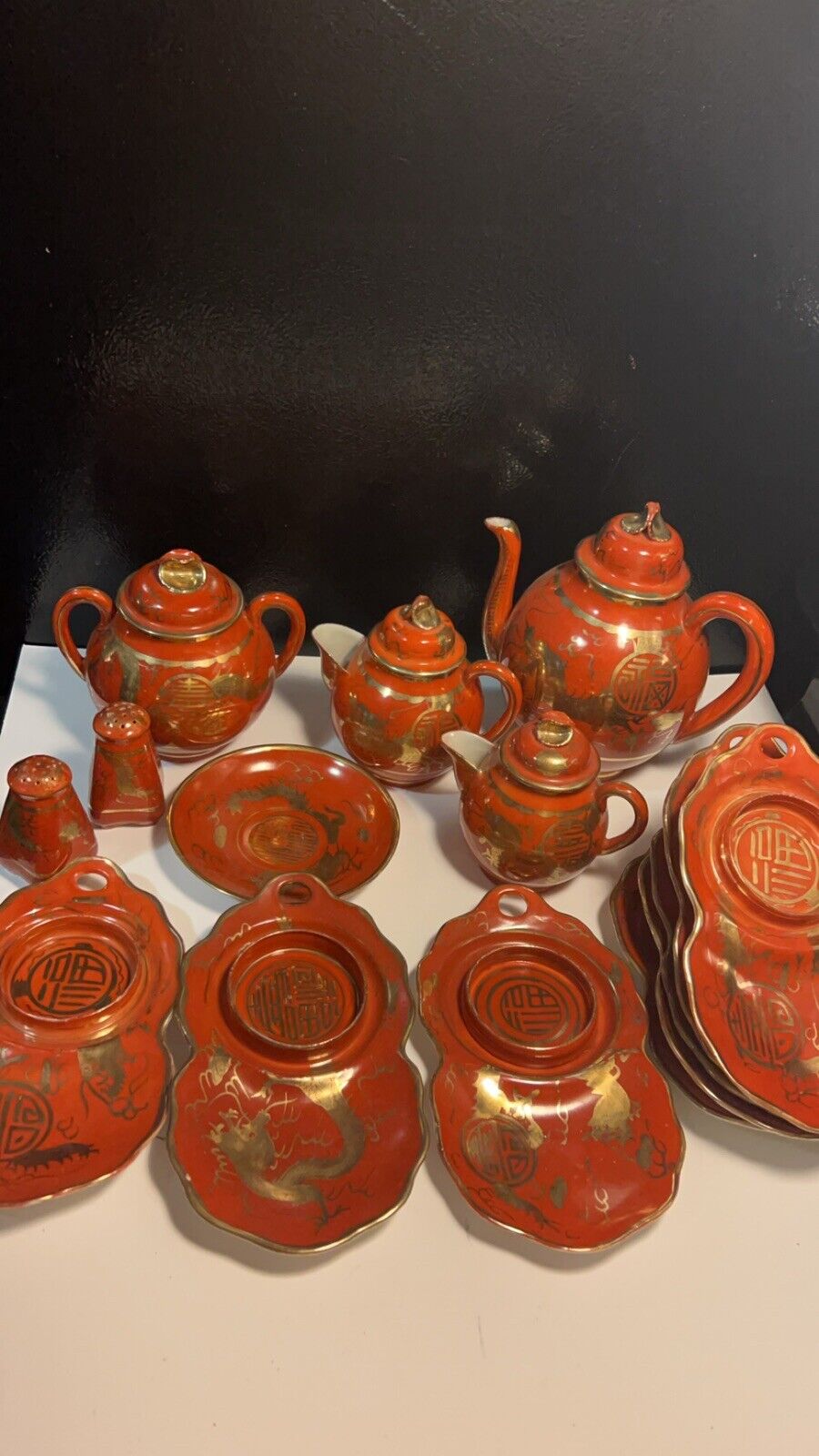 15 Piece Set  Vintage Japanese Eirak Red Orange Gold Dragon Porcelain Tea Set