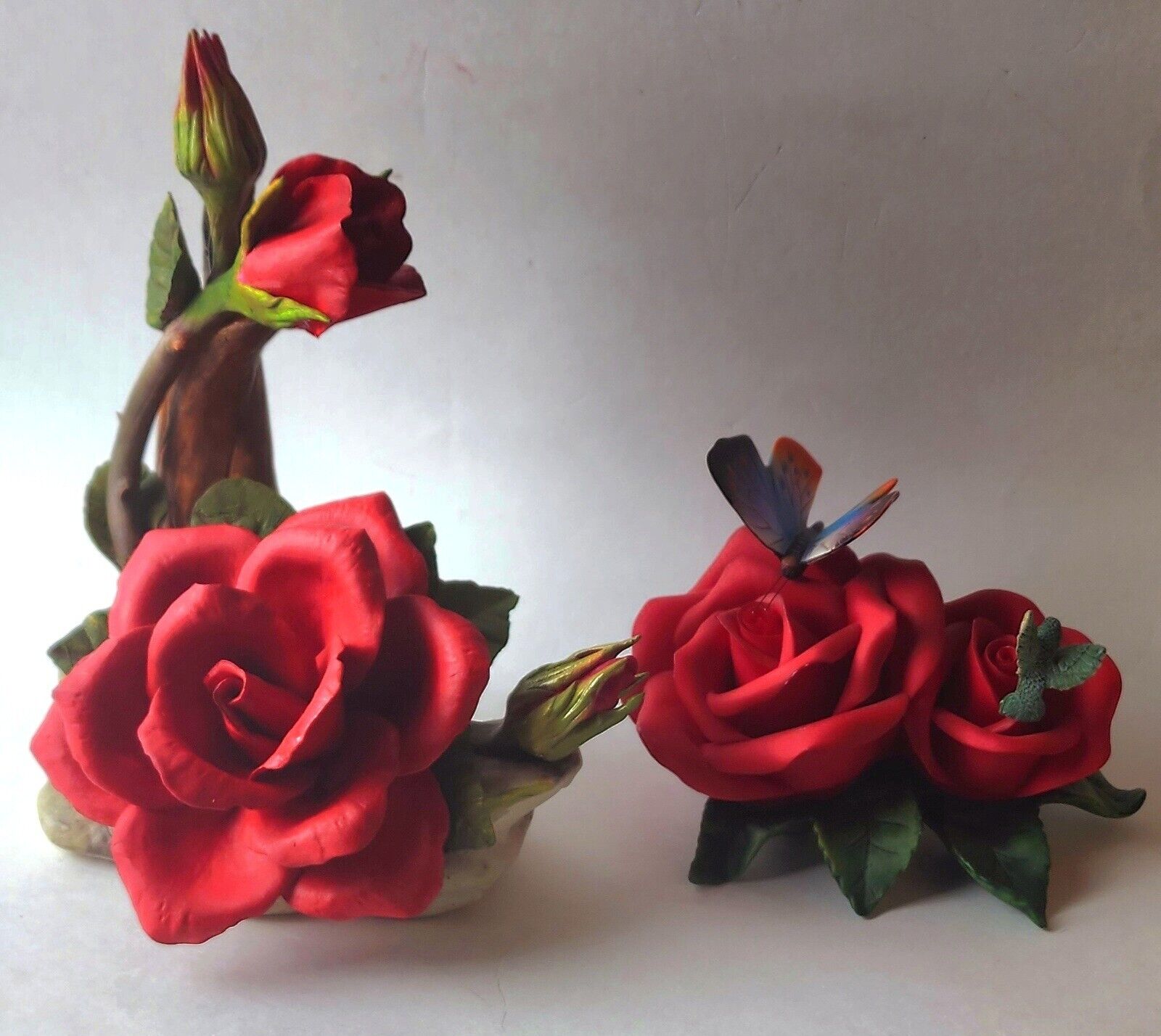 Vintage Fine Porcelain Red Roses Set, w/ Leaves Buds Figurine on Branch