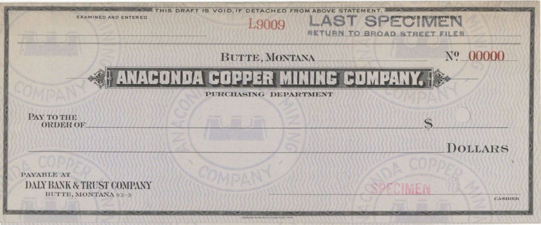 Anaconda Copper Mining Co. - American Bank Note Company Specimen Checks - Americ