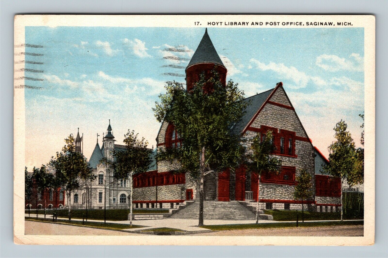 Saginaw MI, Hoyt Stone Library, Post Office, Michigan c1926 Vintage Postcard