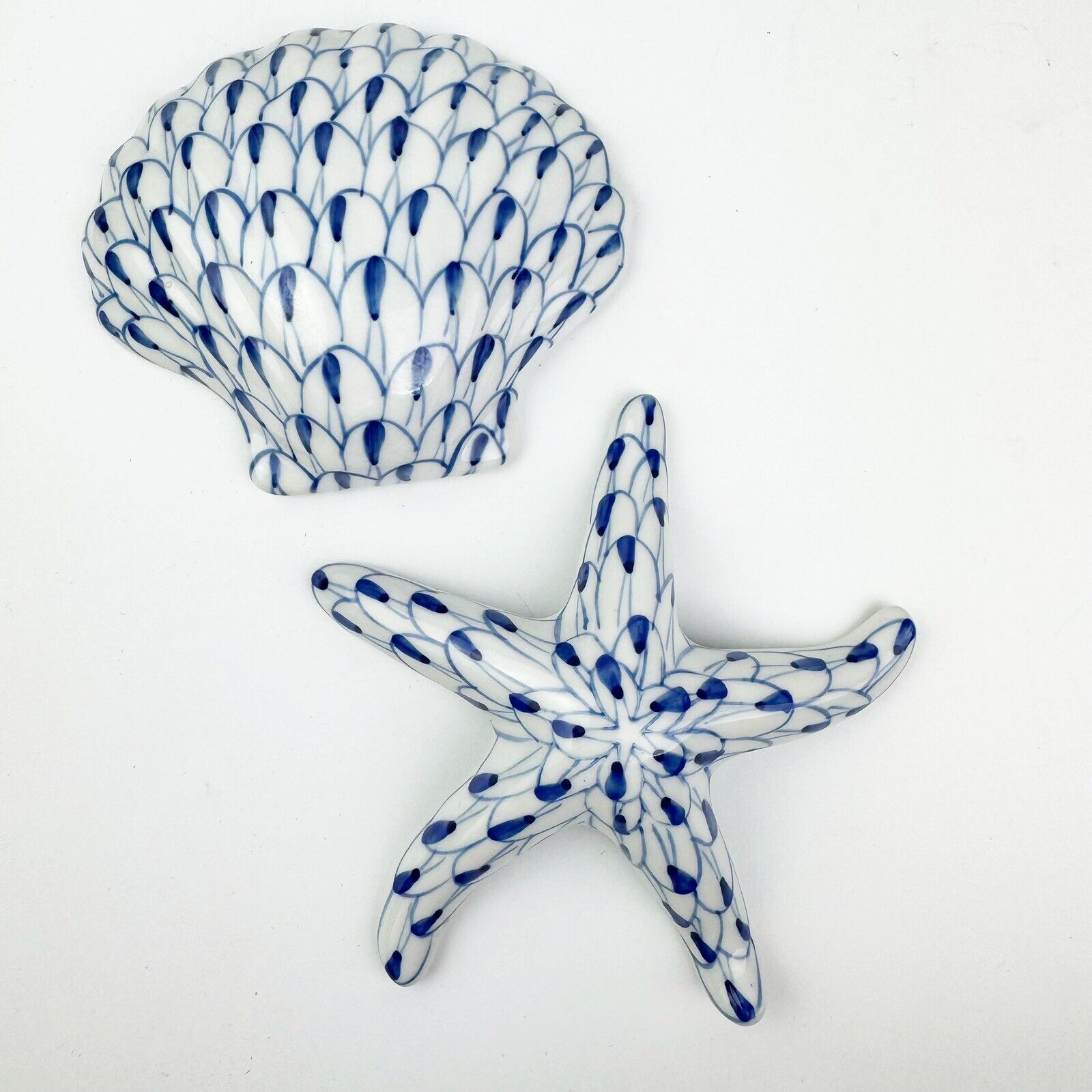 Andrea by Sadek Blue & White Fishnet Painted Porcelain Starfish & Seashell