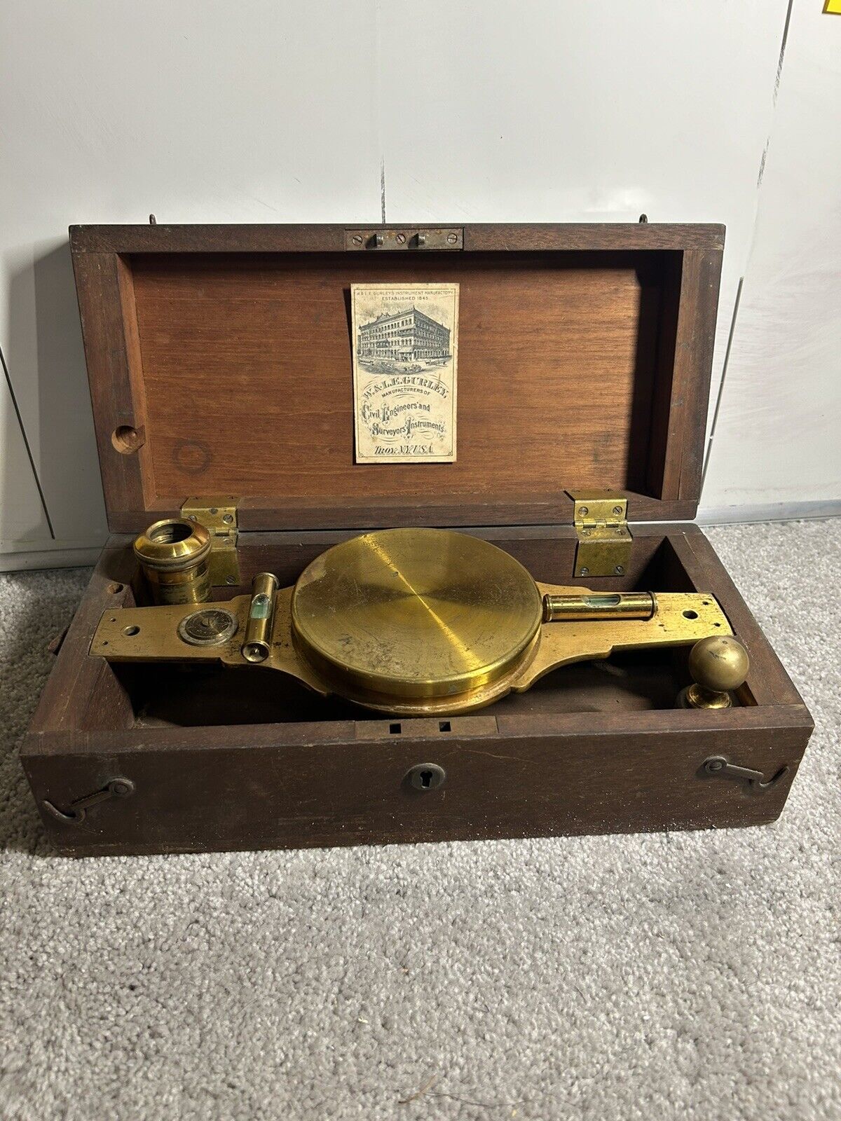 Antique W. & L. E. Gurley Surveyor\'s Compass, Brass ( W/ Box)