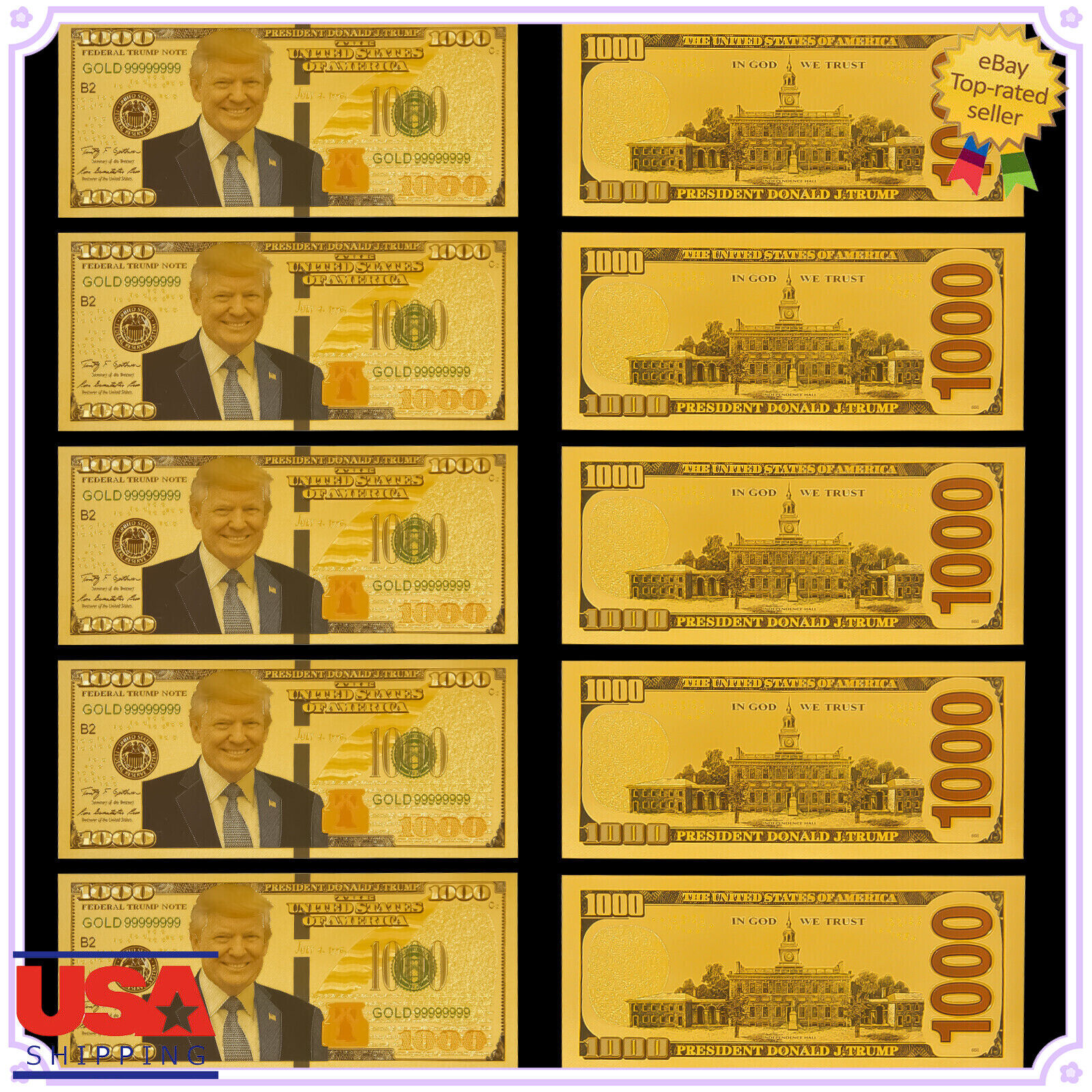10X President Donald Trump New Colorized $1000 Dollar Bill Gold Foil Banknote